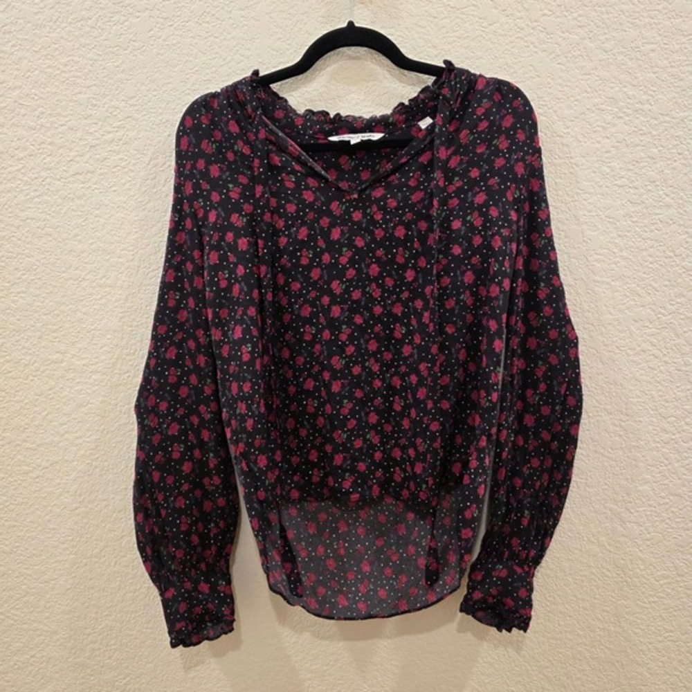 Veronica Beard Rose Polka‎ Dot Ruffle Tie Neck Blouse Black Red Size 8